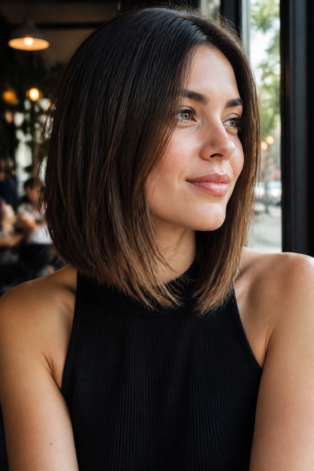 Close-up of a real woman with a razor-cut lob and airy tapered ends in cafe light