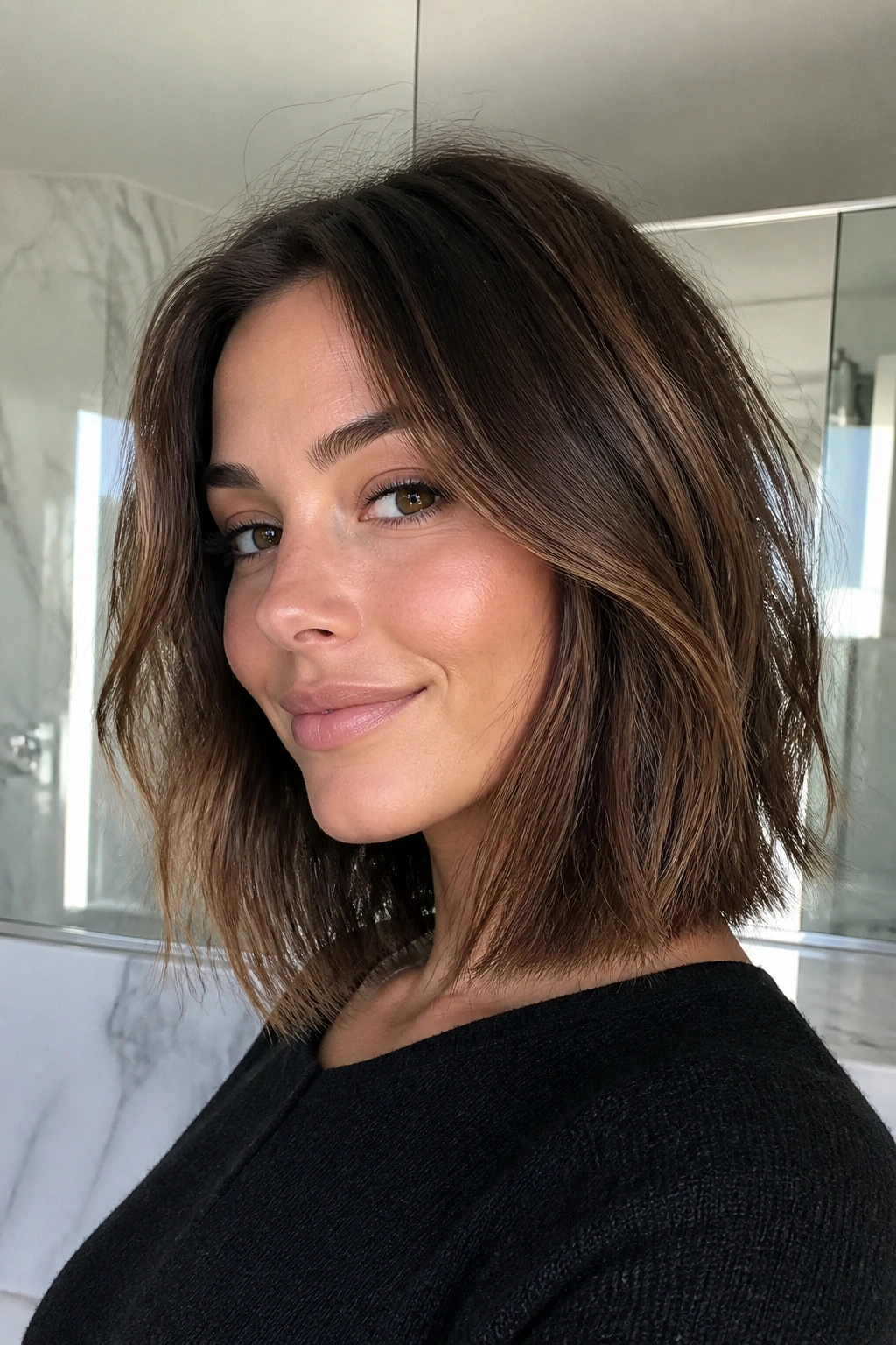 Close-up of a real woman with razor-cut lob and airy ends