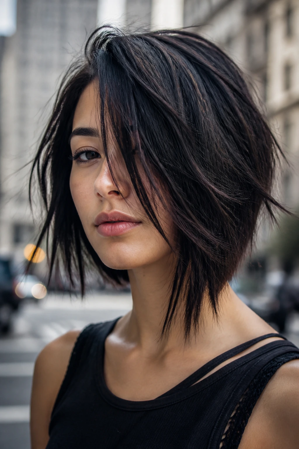 Portrait of a real person with an edgy razor-cut lob and wispy ends