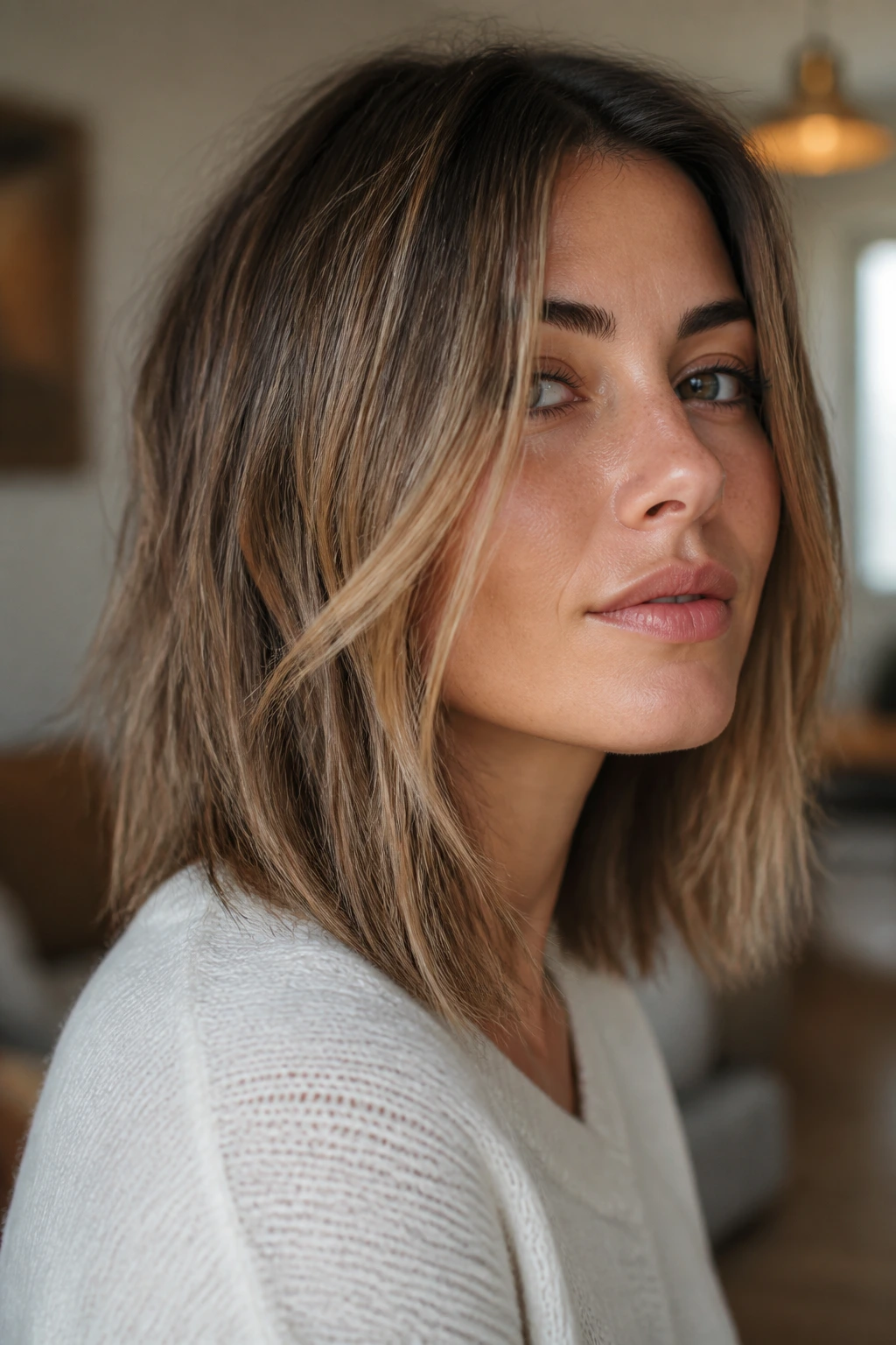 Close-up of a real woman with a razor-cut lob showing feathery ends in warm window light.