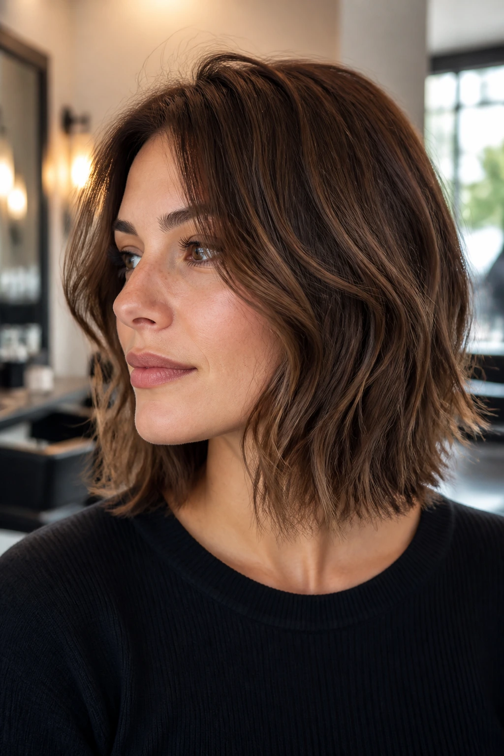 Close-up portrait of a real woman with a razor-cut lob hairstyle.