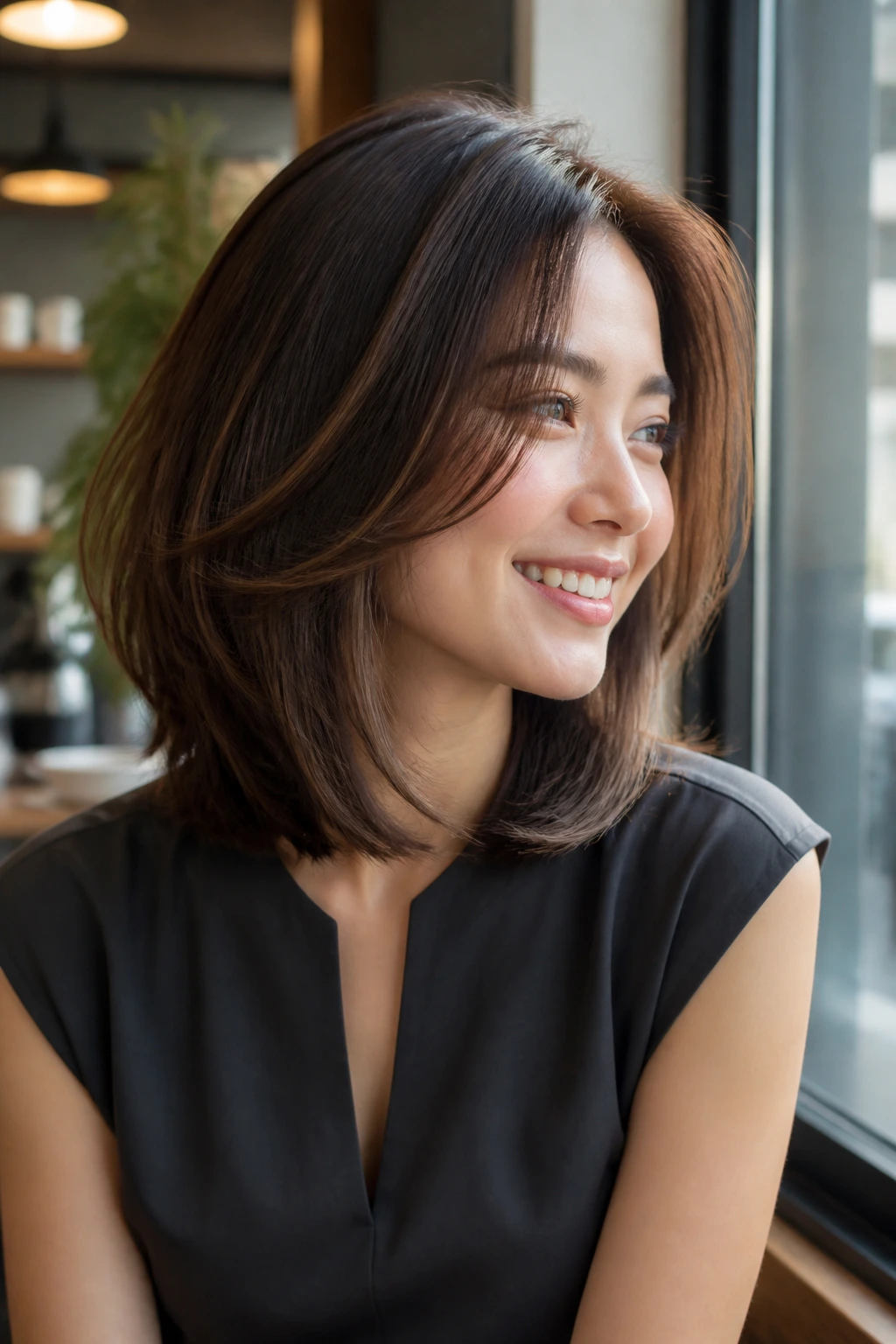 Close-up portrait of a real woman with a razor-cut graduated lob and soft ends.