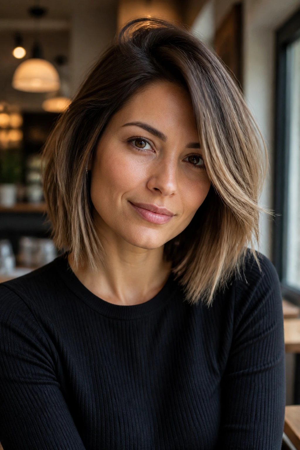 Close-up of a real woman with a razor-cut lob and off-center part in a cozy cafe.
