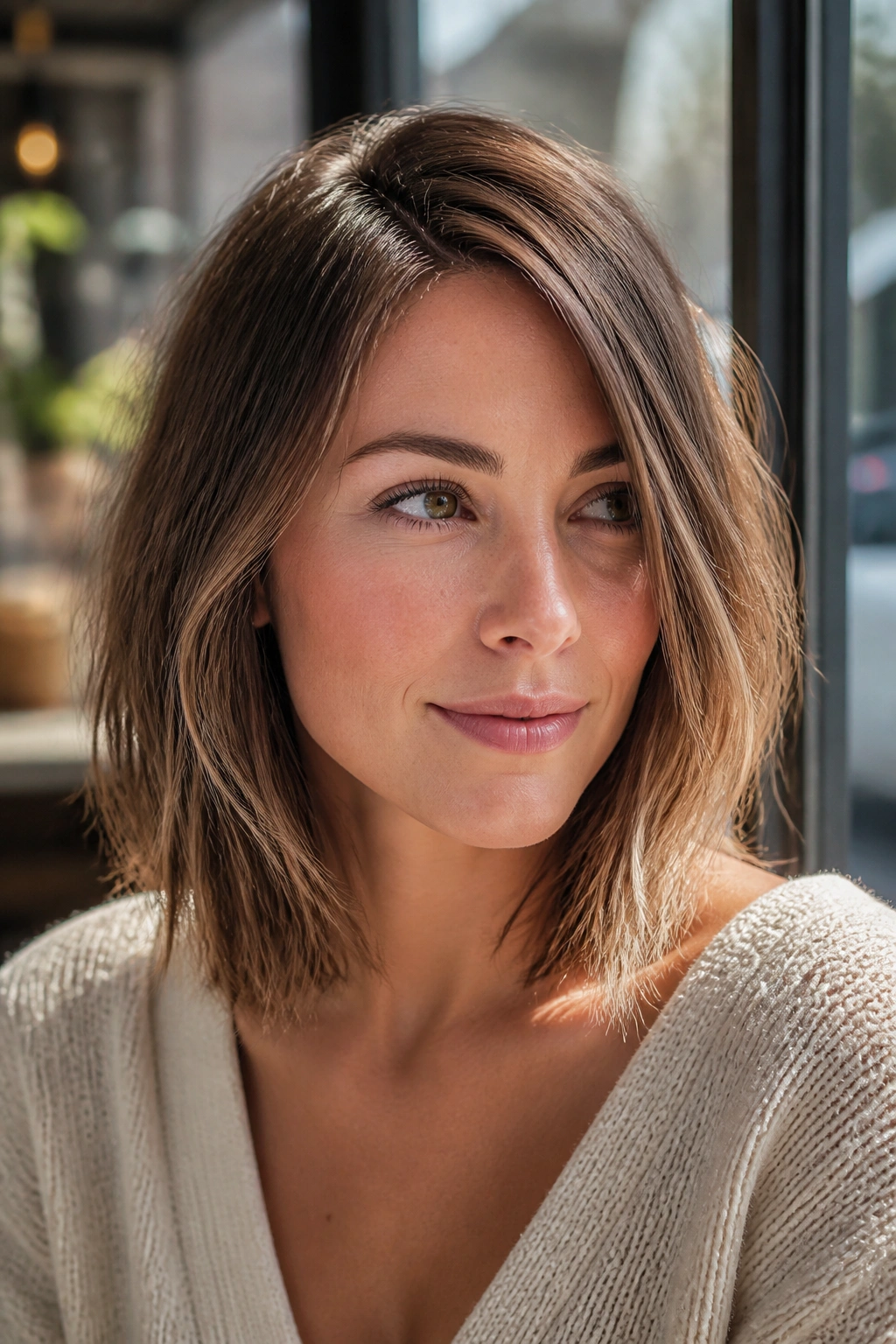 Portrait of a real woman with a razor-cut lob and off-center part in warm cafe light