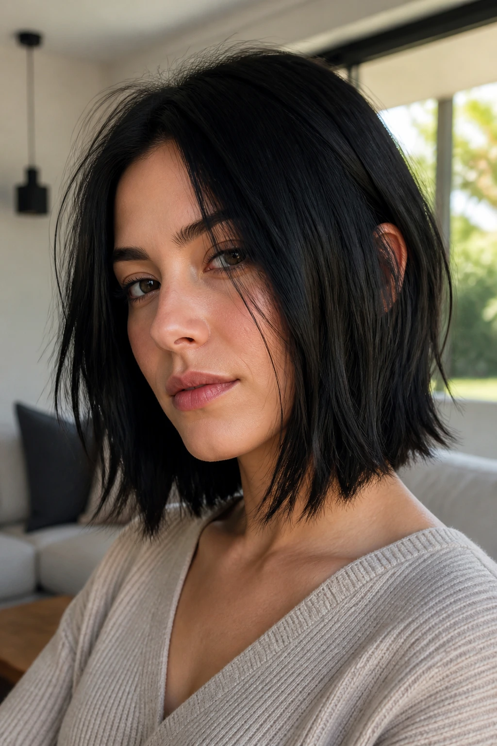 Portrait of woman with razor-cut lob and piecey ends on thick black hair