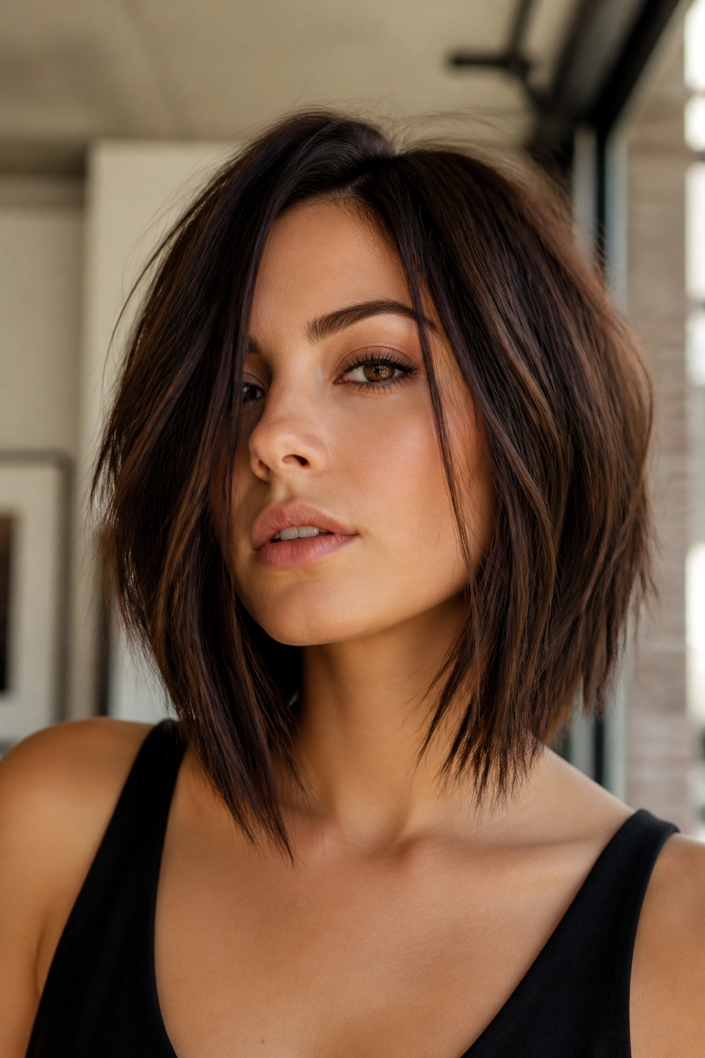 Close-up of a woman with razor-cut lob and sharp ends in soft light.