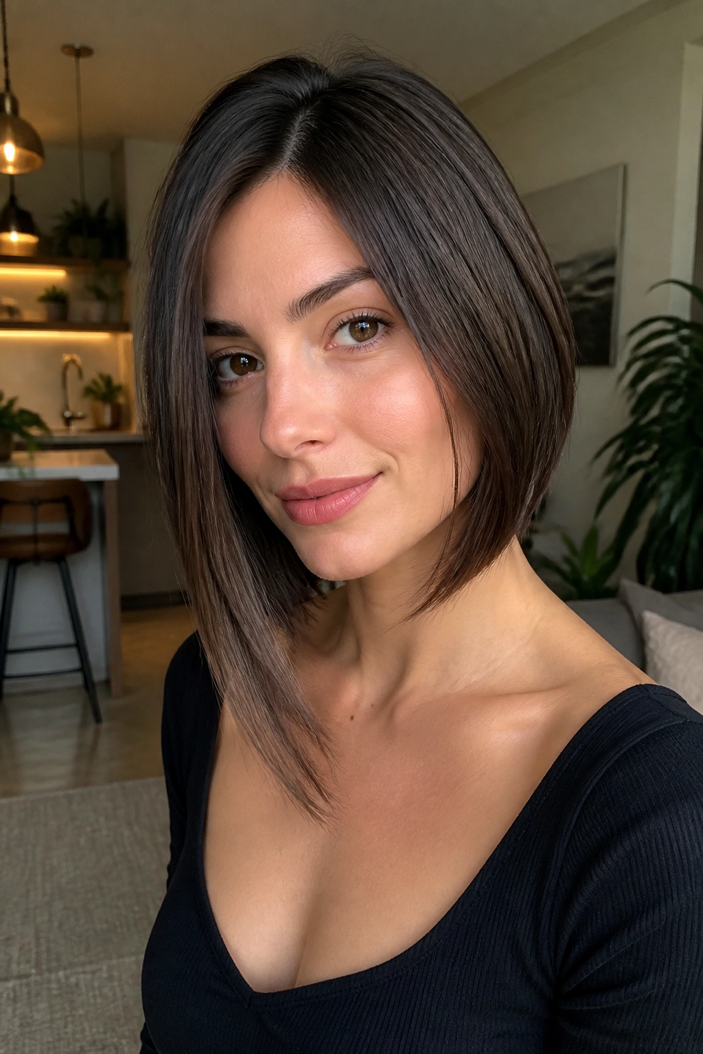 Close-up of a real person with a razor-cut lob and soft bevel