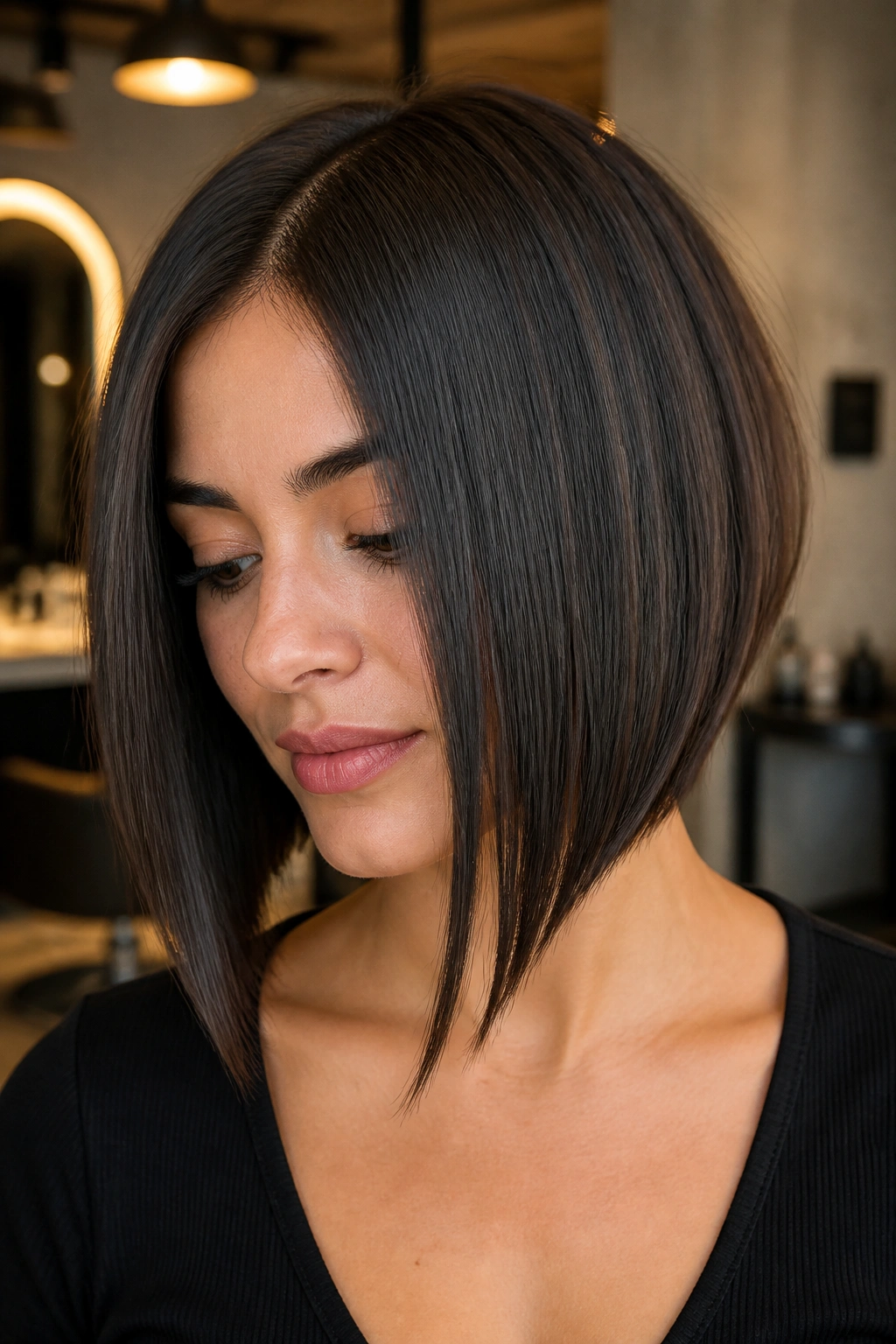 Close-up portrait of a real woman with a razor-cut sleek lob and tapered ends.