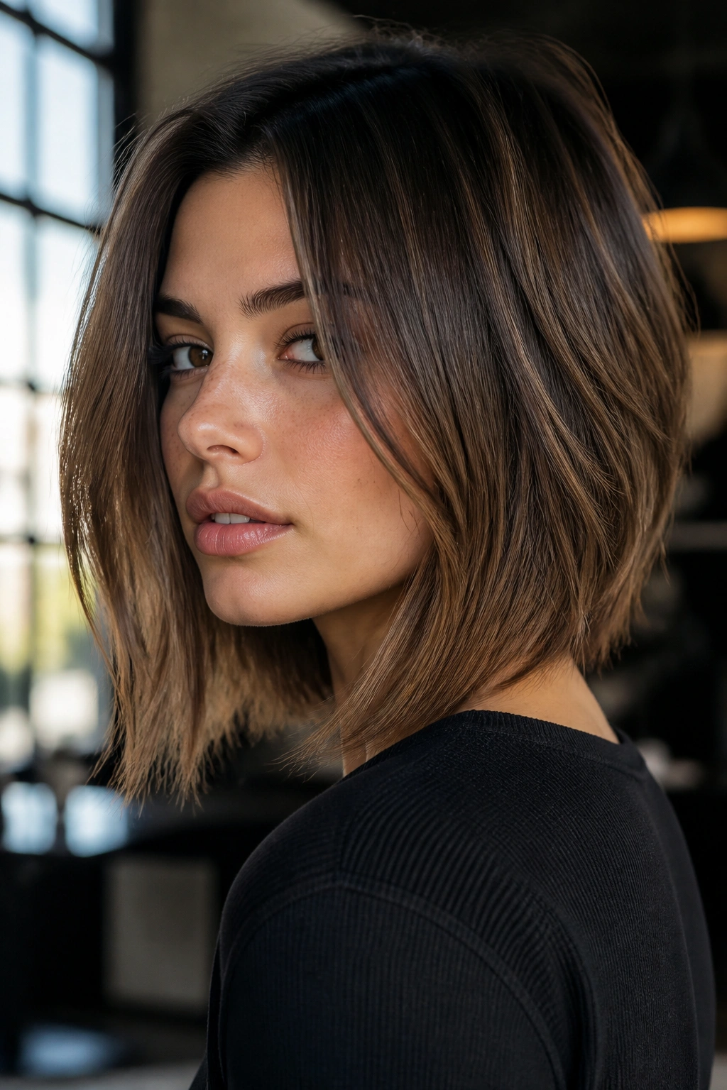 Close-up of a real woman with Razor-Cut Lob in loft light