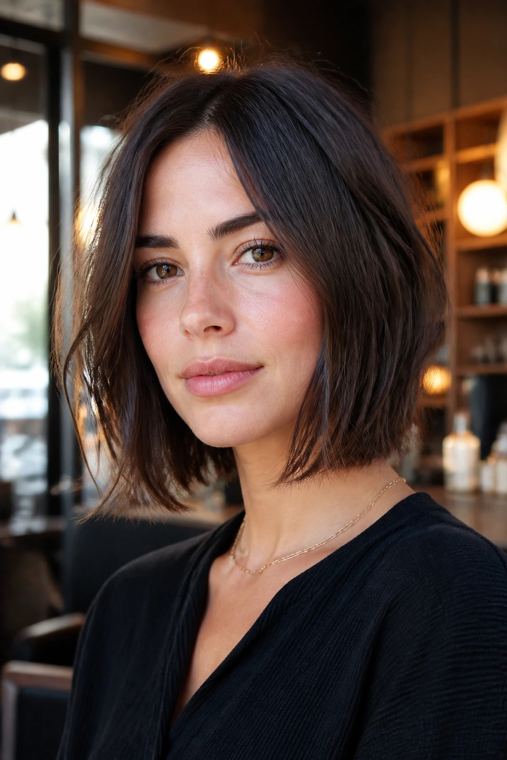 Close-up of a real woman with a razor-cut lob hairstyle in warm window light