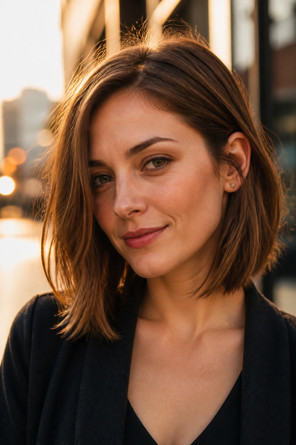 Close-up portrait of a real woman with a razor-cut lob tucked behind the ear