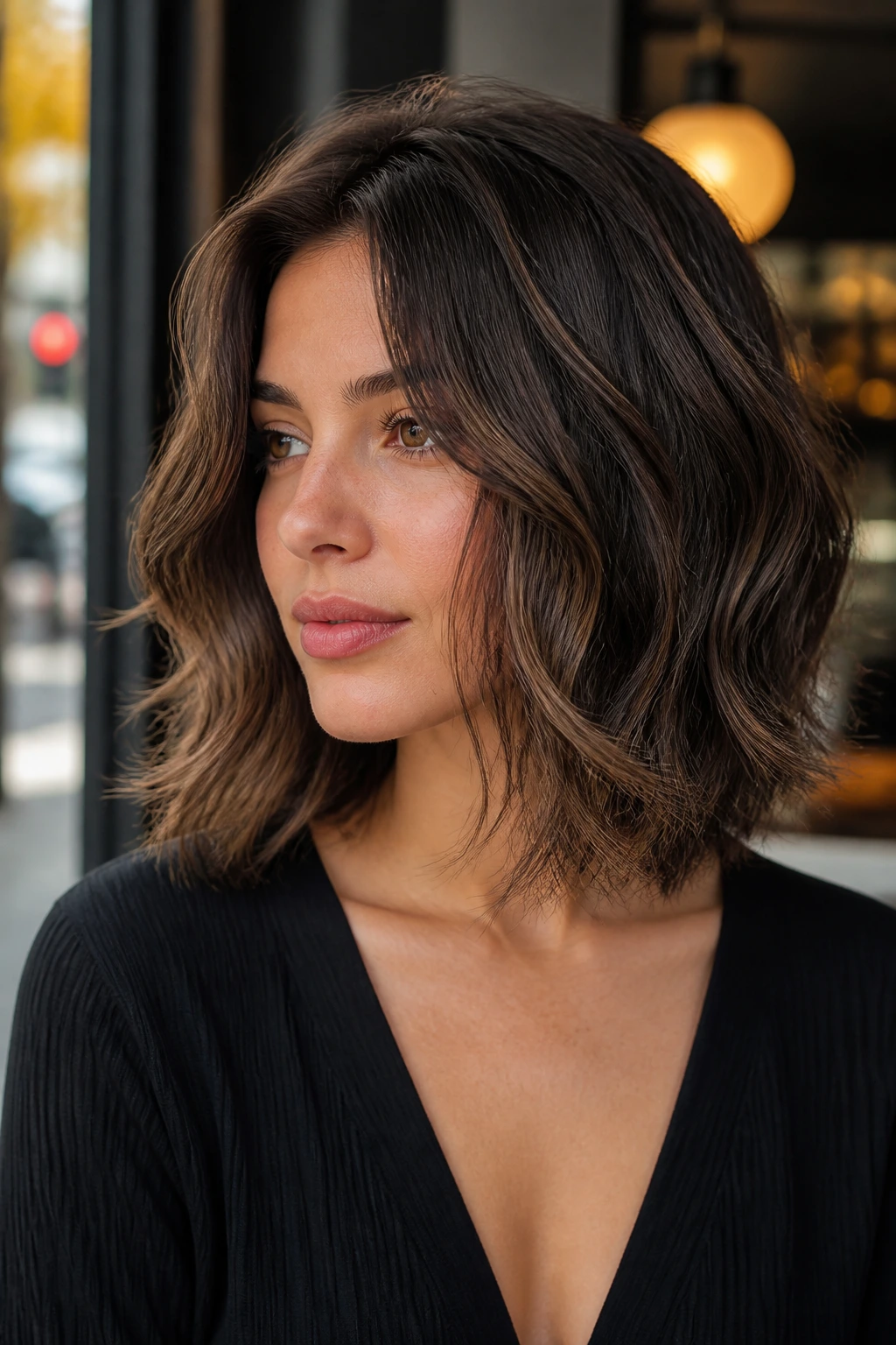 Real person with razor-cut wavy lob showing feathered ends
