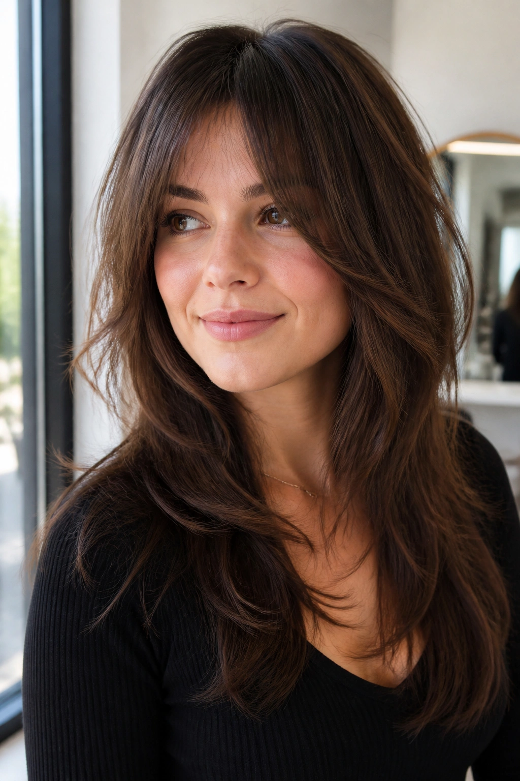 Close-up of woman with razor-cut long layers and bottleneck fringe.