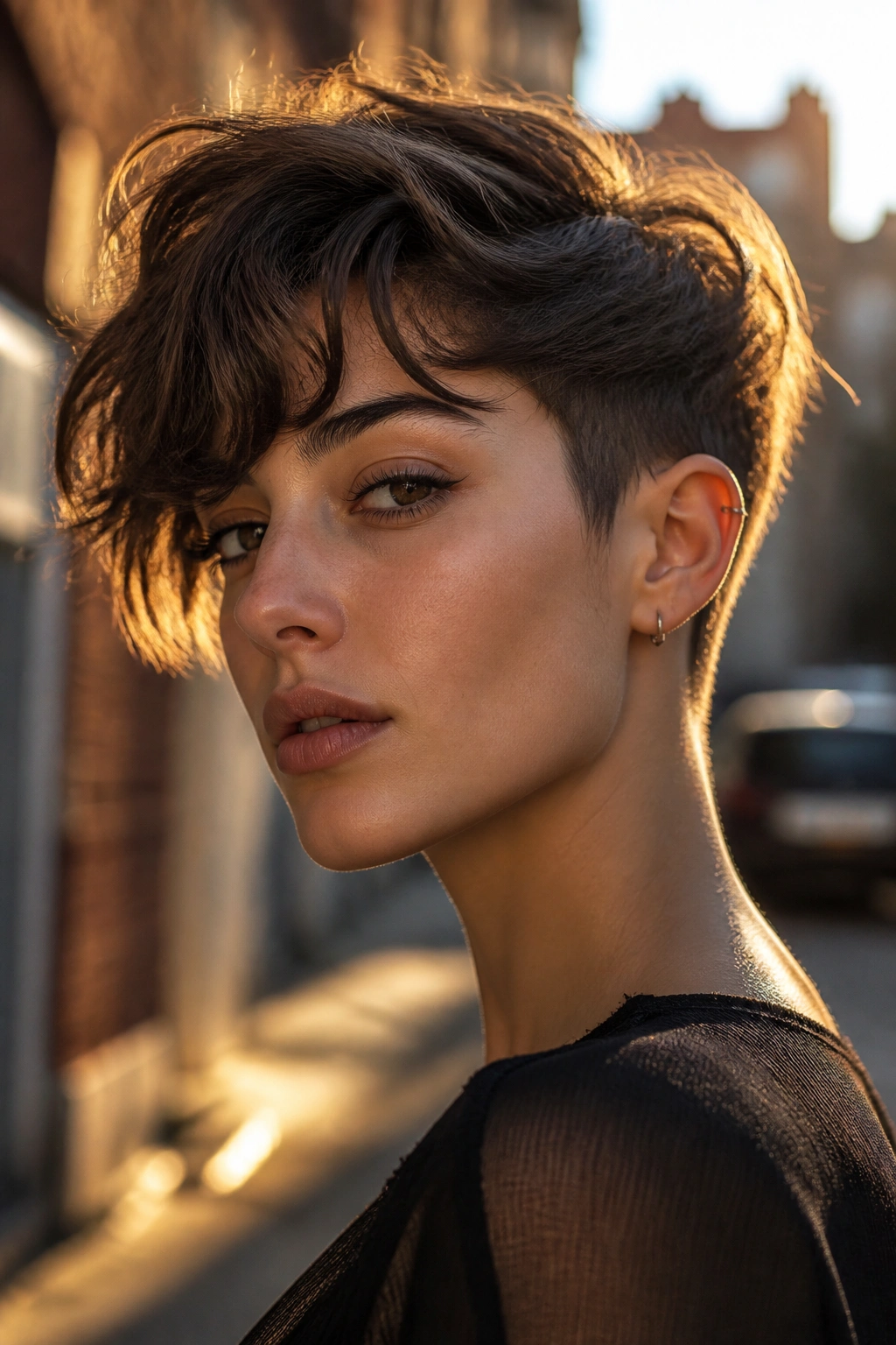 Close-up portrait of a real person with a razor-cut hairstyle and long top