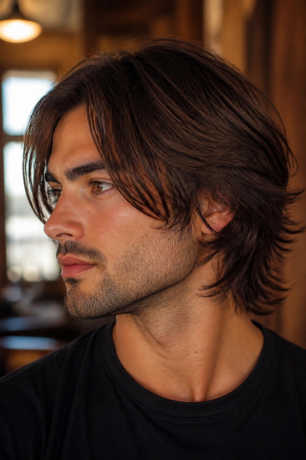 Close-up of a man with razor-cut medium layers and feathered ends