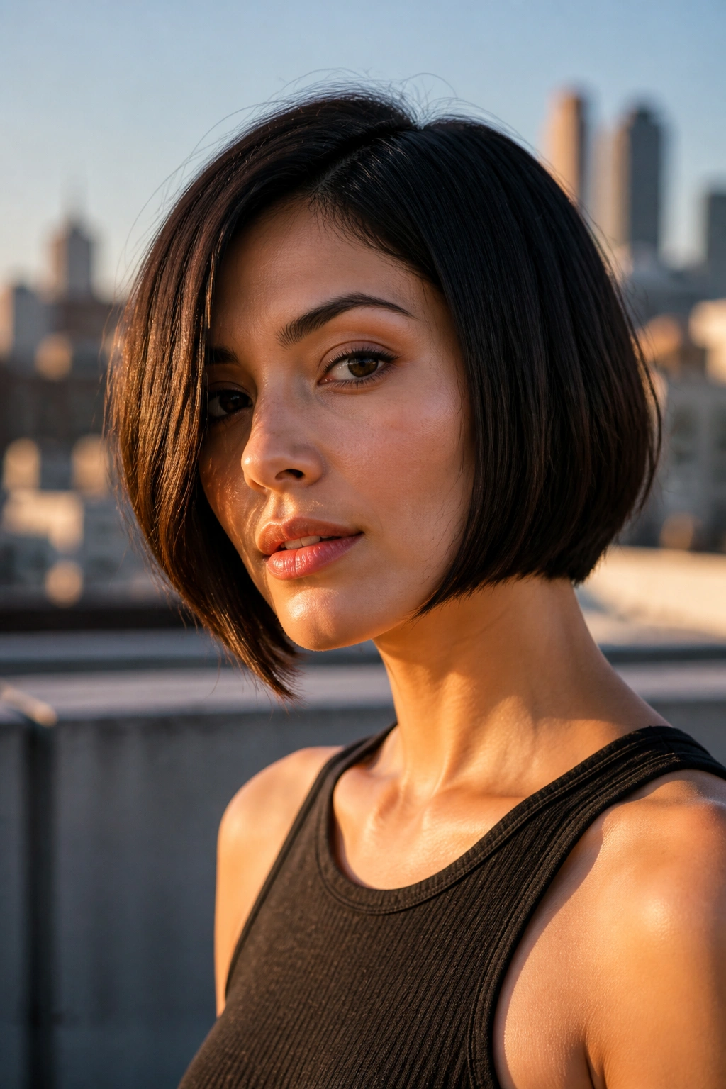 Close-up of a real woman with a razor-cut micro bob showing textured edges