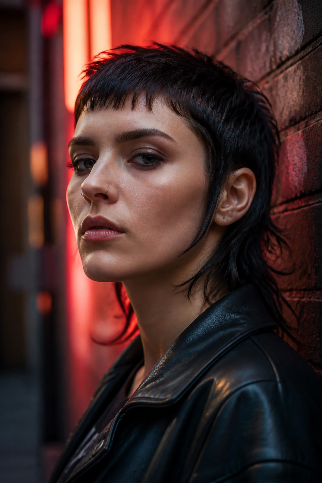 Close-up portrait of a real person with razor-cut micro mullet in an urban setting
