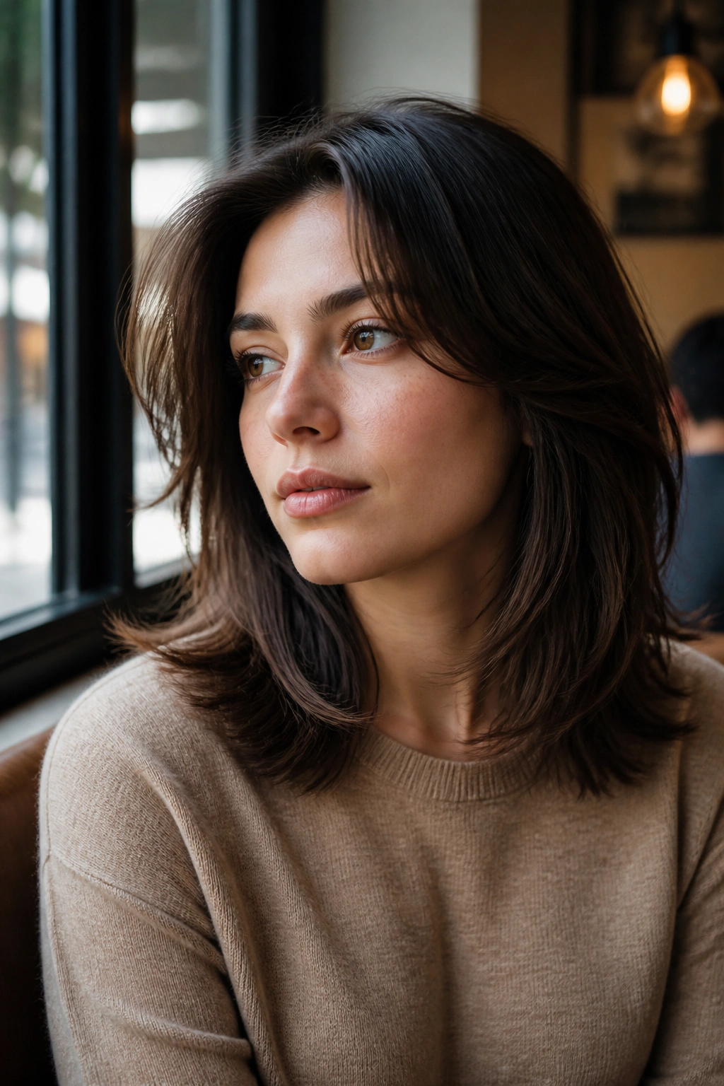 Close-up portrait of a real woman with Razor-Cut Midi with Airy Ends