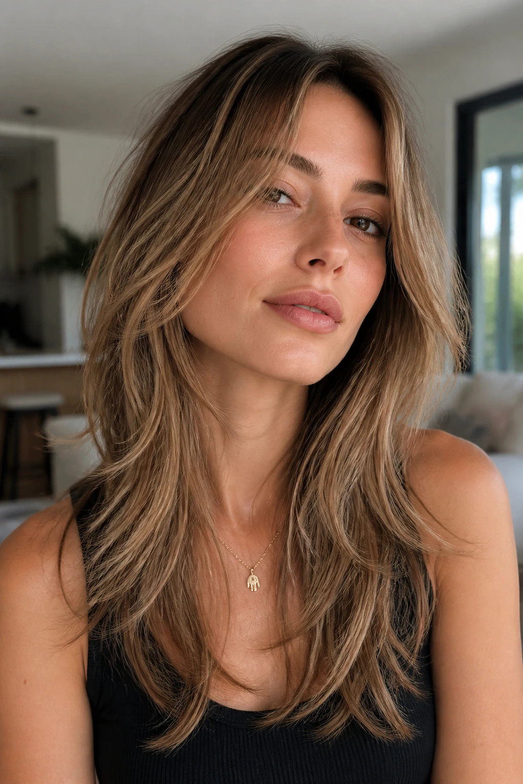 Close-up portrait of a real woman with razor-cut midi layers showing airy movement