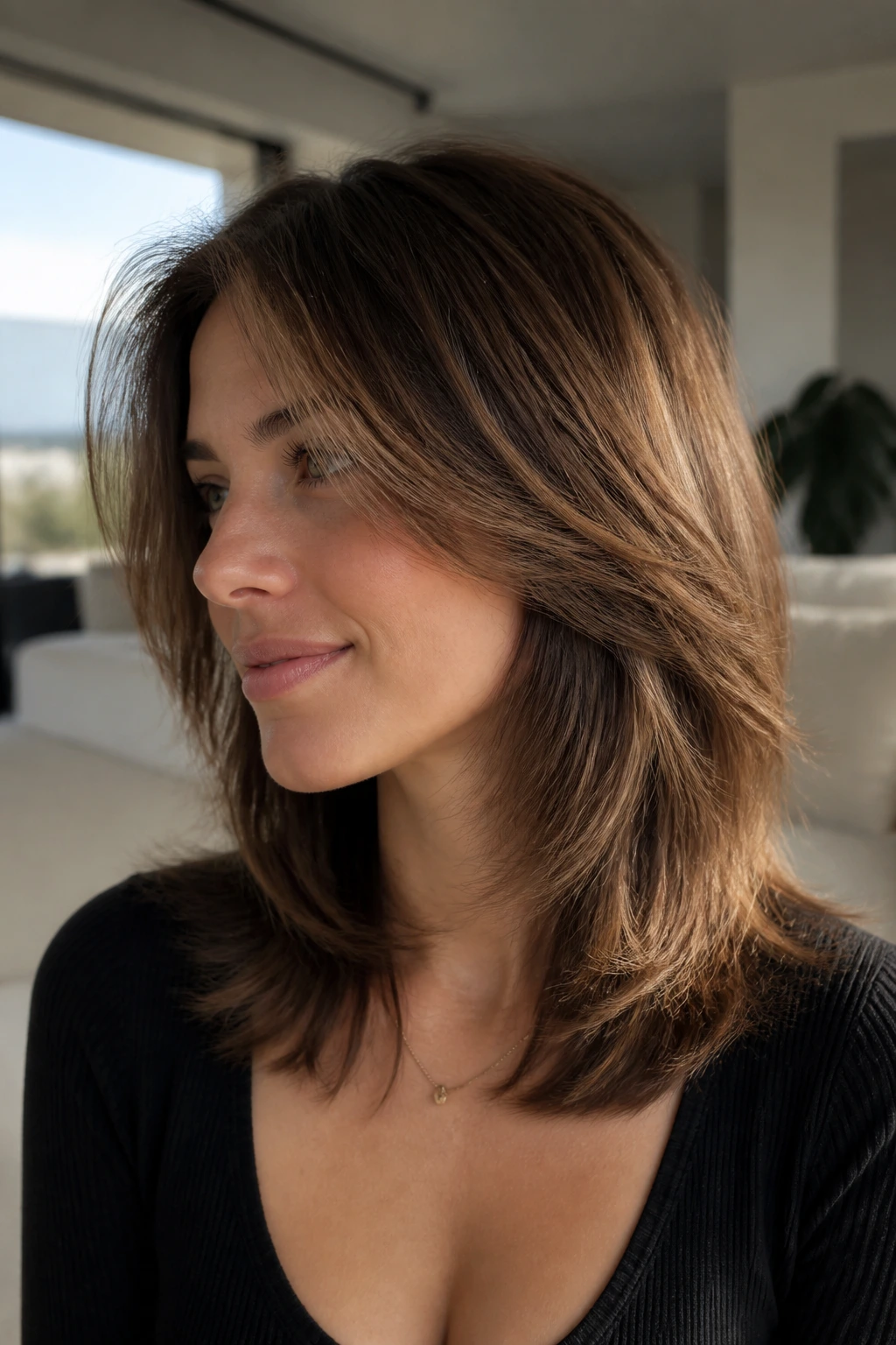 Close-up of razor-cut midi layers hairstyle on a real person in natural daylight