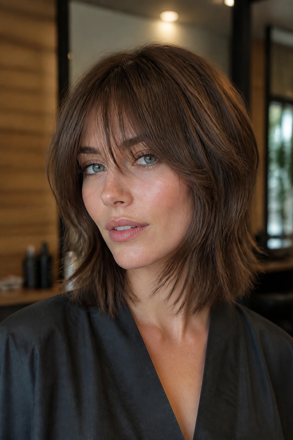 Razor-cut midi shag close-up portrait with soft feathered ends