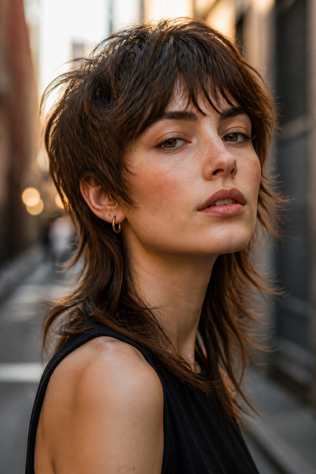 Portrait of a real woman with razor-cut mullet in urban evening light