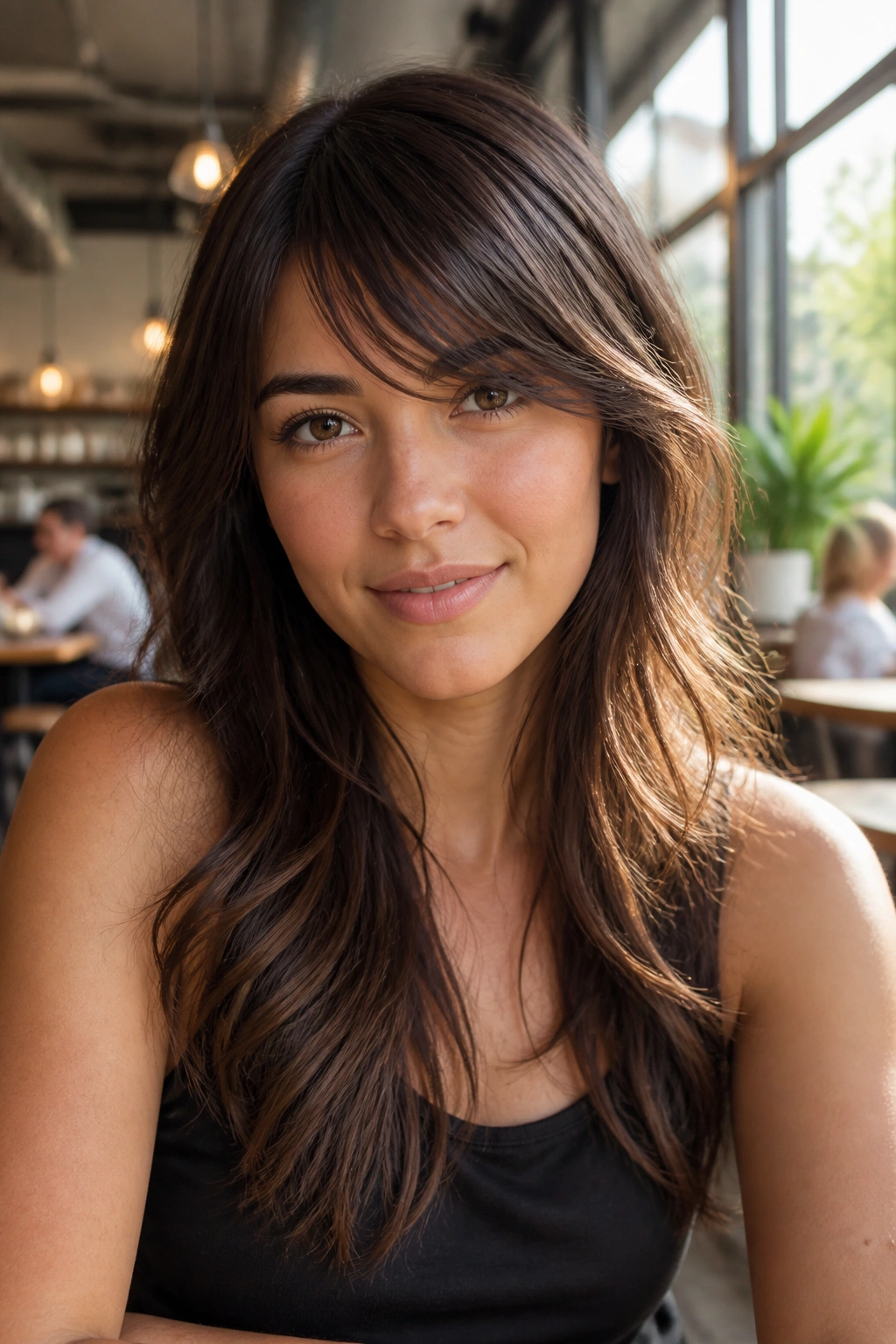 Real woman with razor-cut piecey side bangs in cafe lighting.