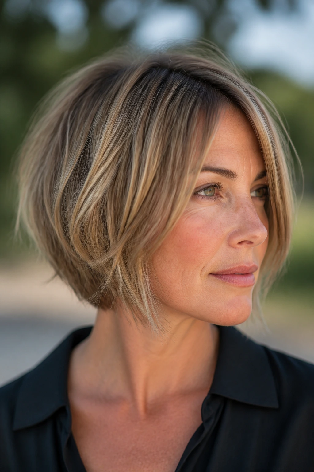 Portrait of a real woman with a razor-cut graduated bob and piecey ends outdoors.