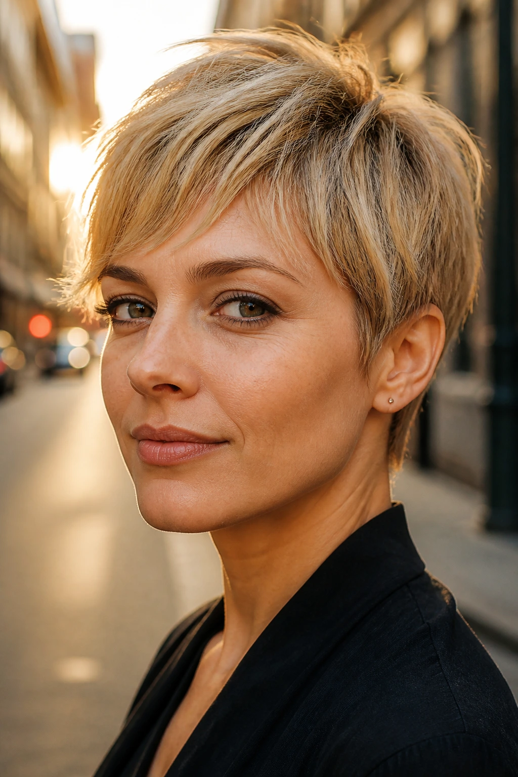 Close-up of a real woman with razor-cut pixie and airy ends in warm blonde outdoors at golden hour