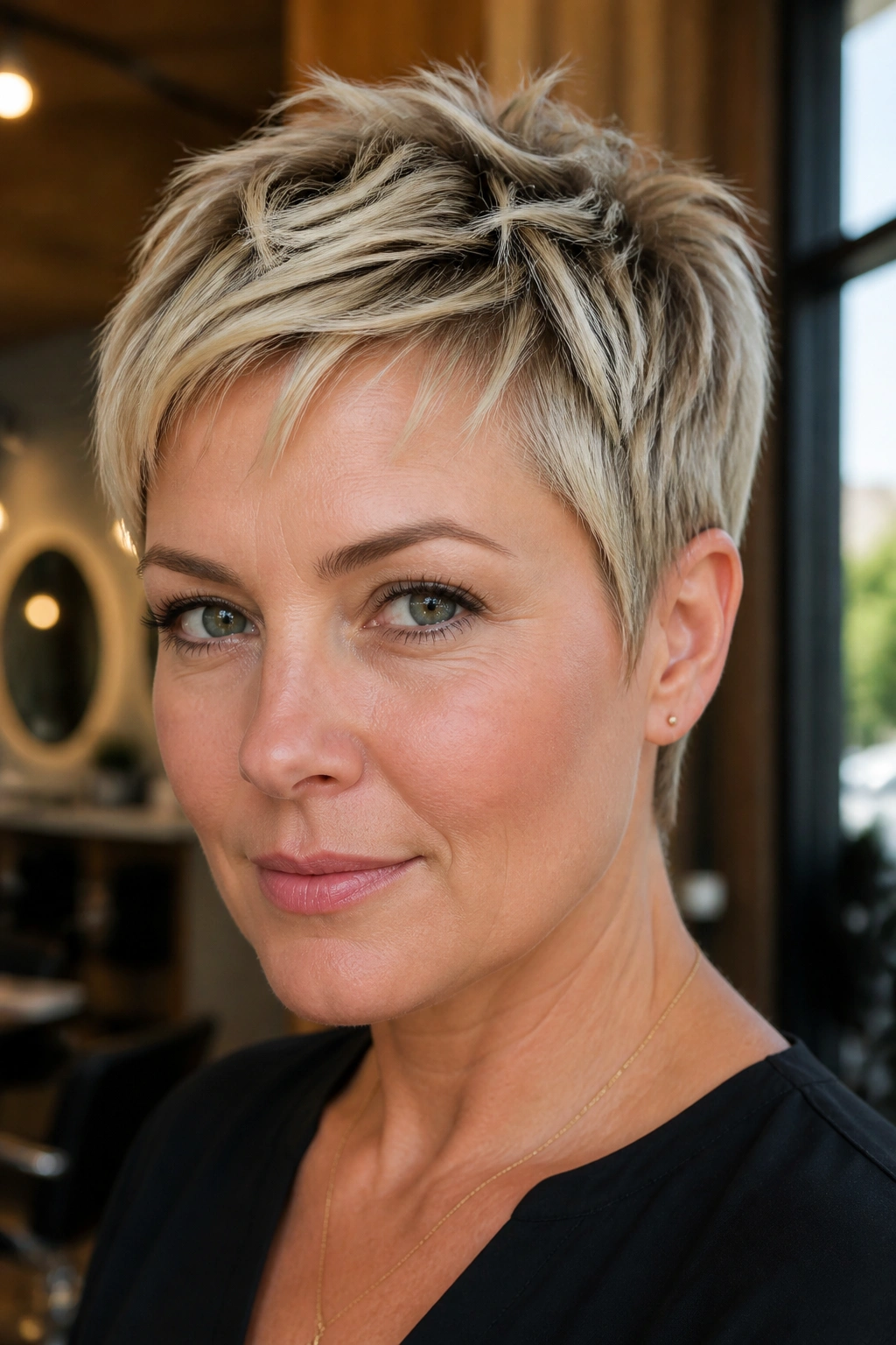 Close-up of a real woman with a blonde razor-cut textured pixie hairstyle.