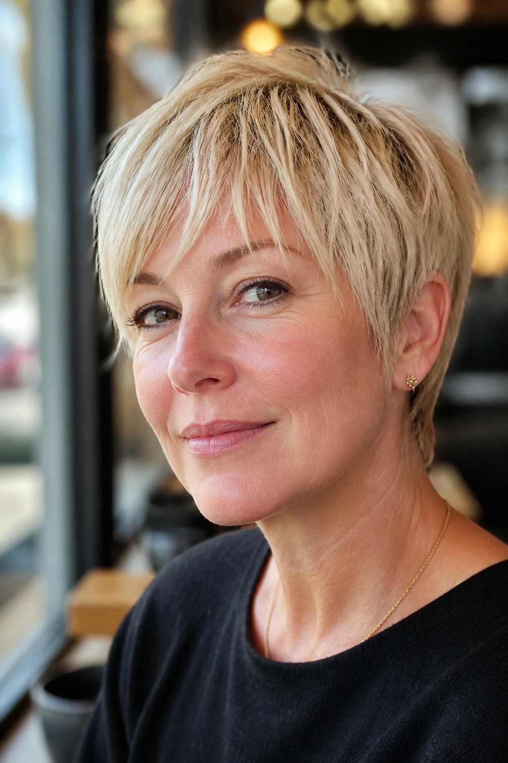 Portrait of a real woman with razor-cut blonde pixie and wispy ends