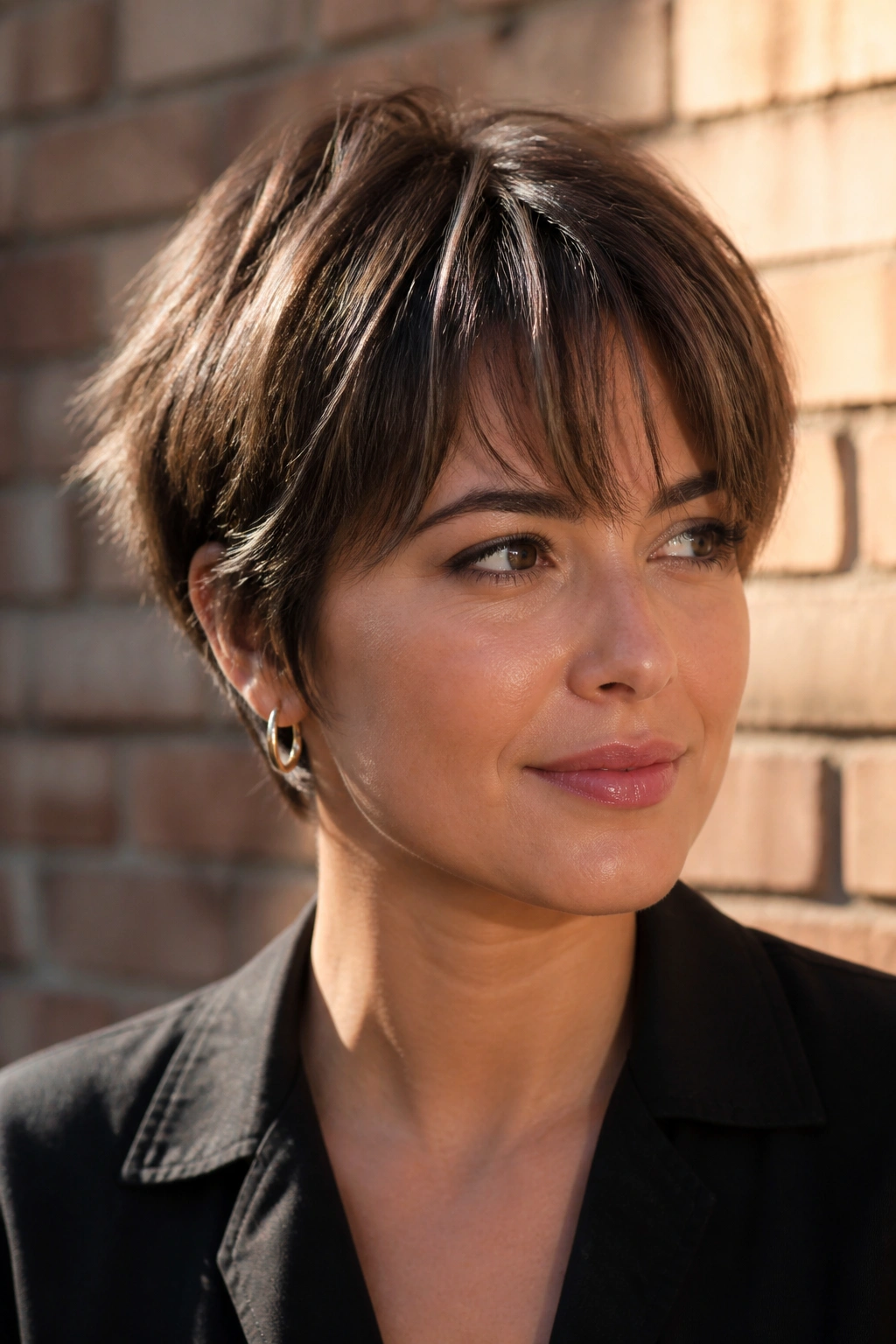 Close-up of a real woman with razor-cut pixie bob feathered bangs