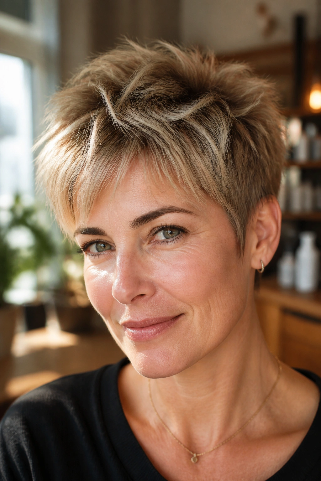 Close-up portrait of a real woman with a razor-cut pixie and feathered soft ends