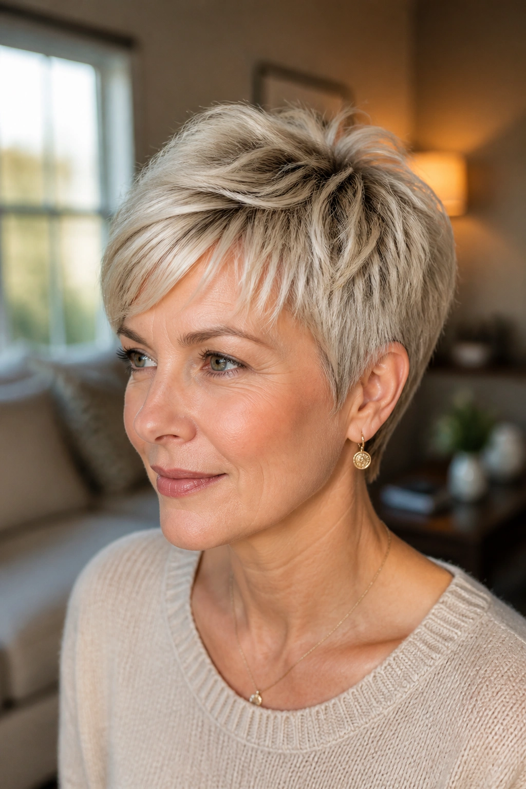 Close-up portrait of a real woman with a razor-cut pixie on fine hair; airy ends.