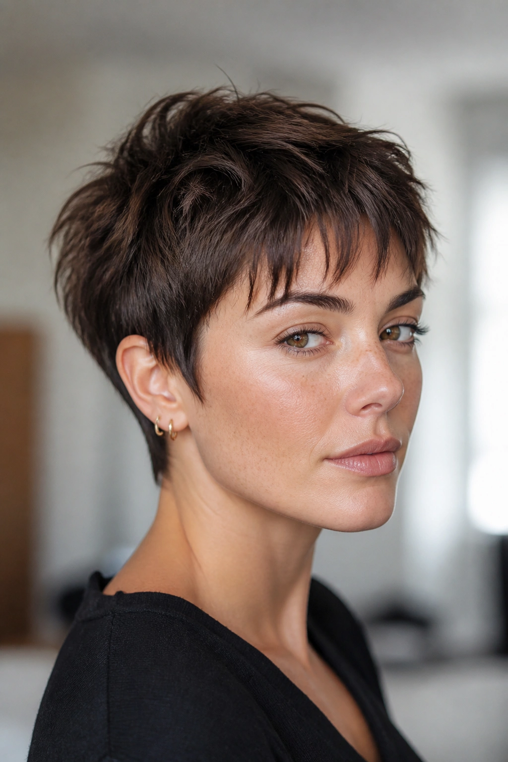 Close-up of a real person with razor-cut pixie and broken fringe