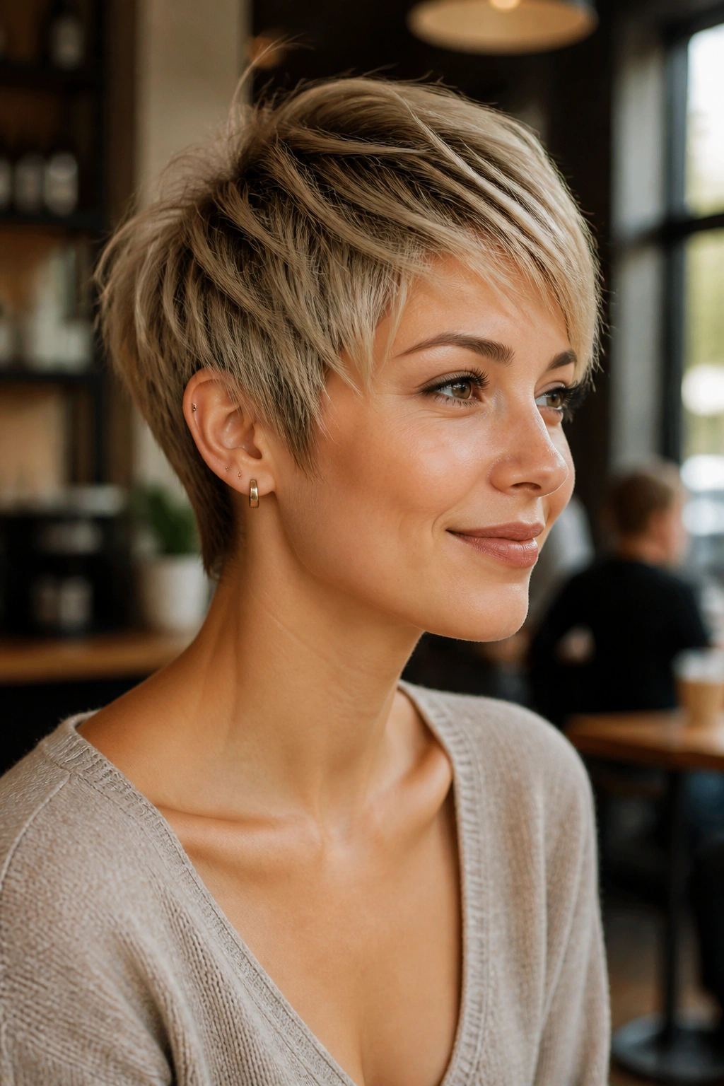 Close-up of a real person with razor-cut pixie showing feathered edges.
