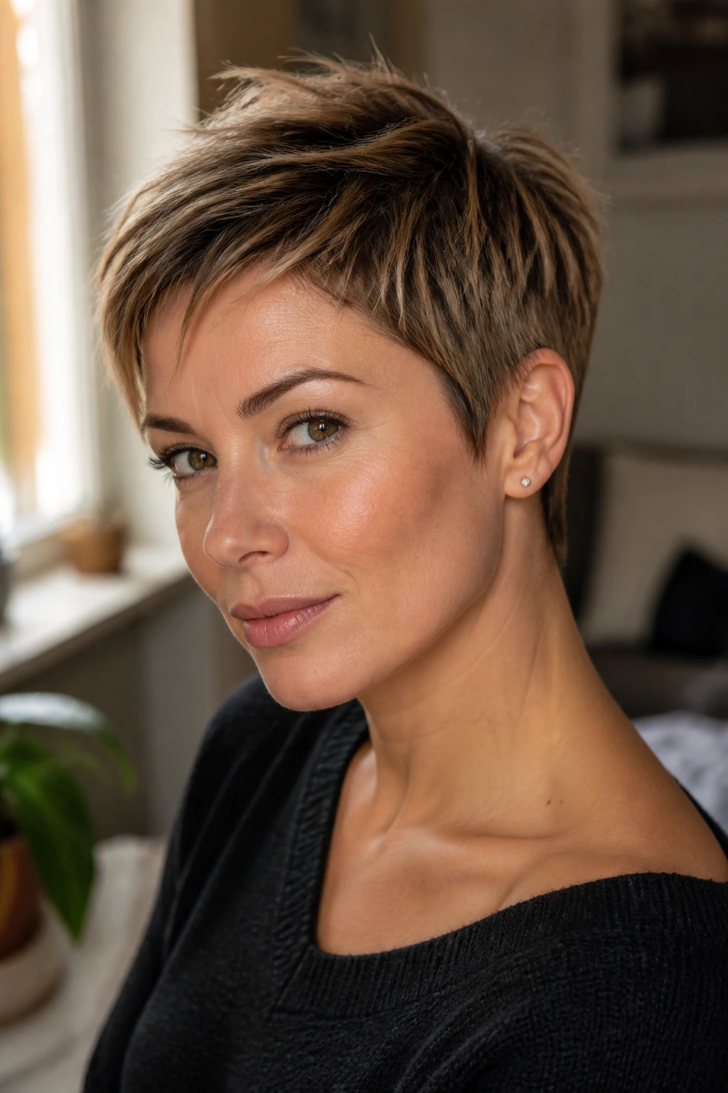 Close-up of a real woman's razor-cut pixie with tapered edges in warm window light