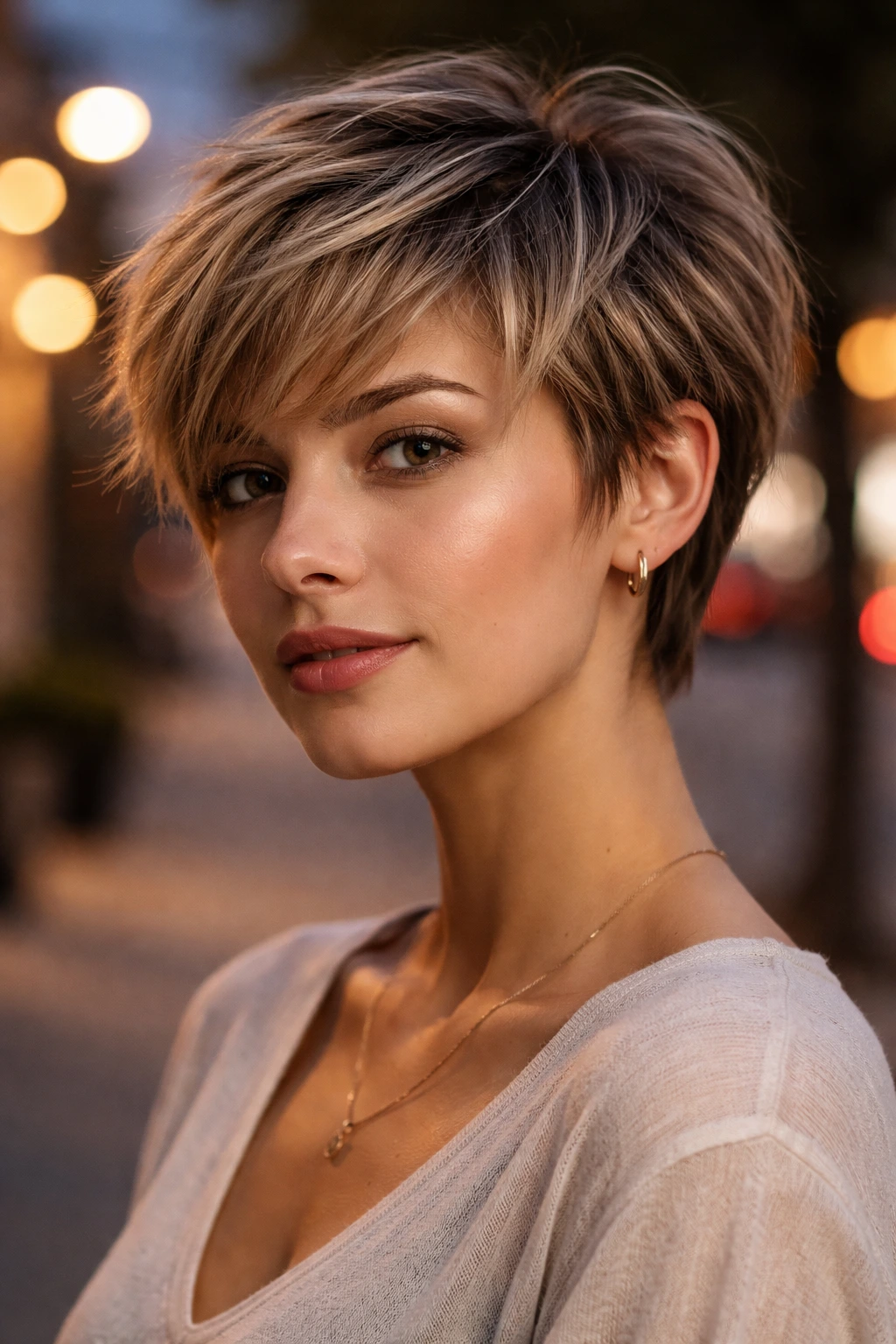 Portrait of a woman with razor-cut piecey pixie showing feathered ends.