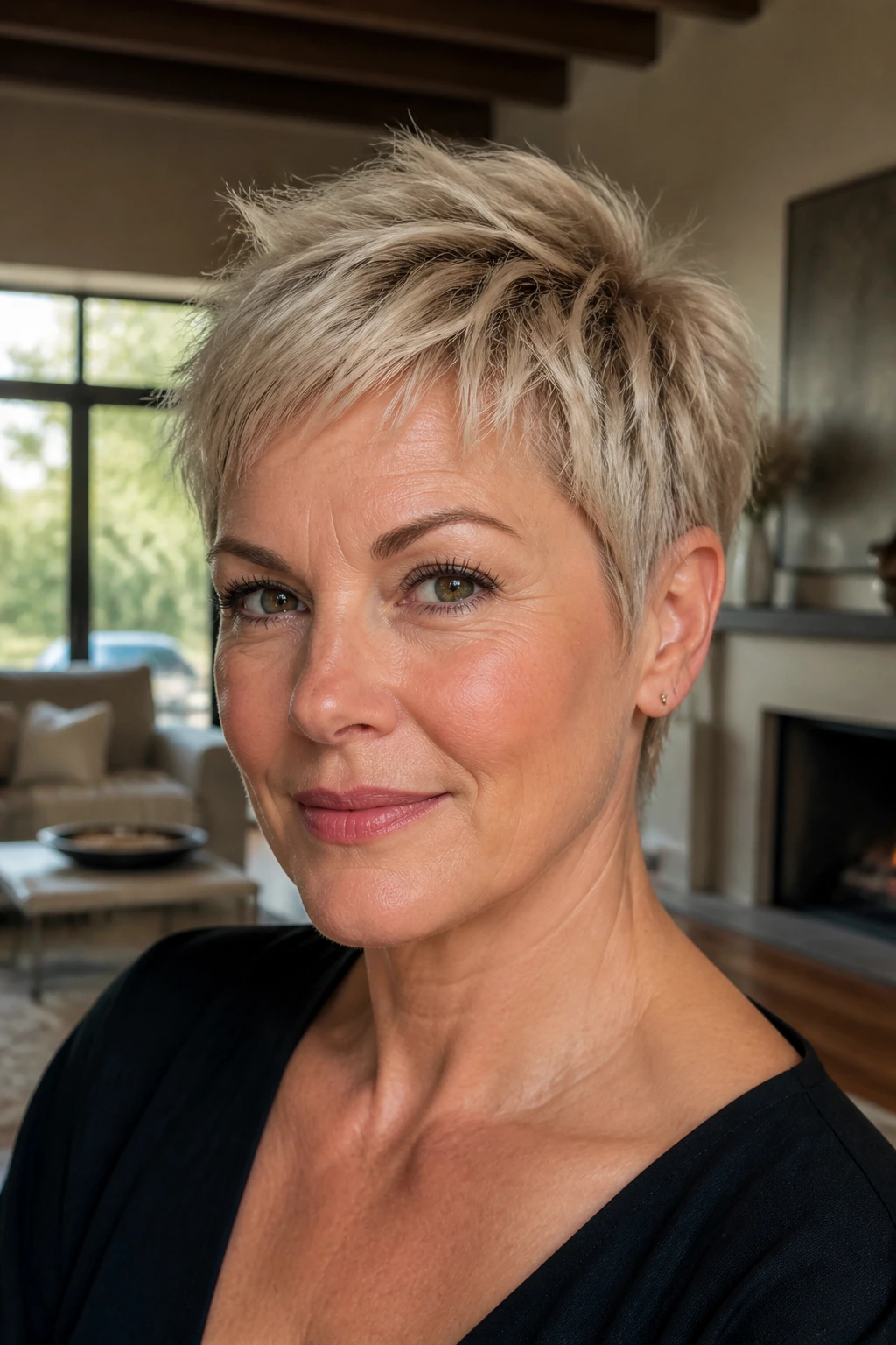 Close-up portrait of a real woman with a Razor-Cut Pixie haircut