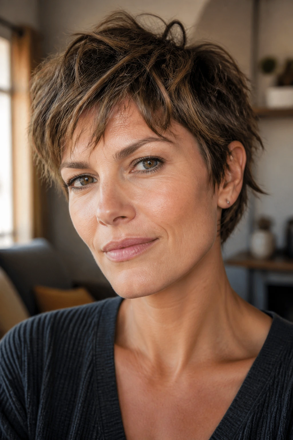 Close-up portrait of a real woman with Razor-Cut Shaggy Pixie, wispy textured ends