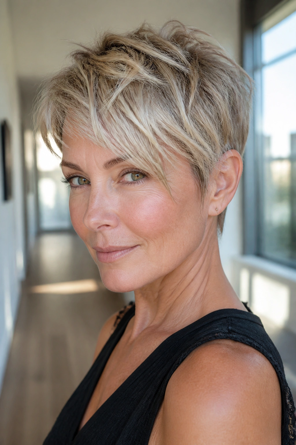 Close-up portrait of a real woman showing a razor-cut piecey pixie with textured ends.