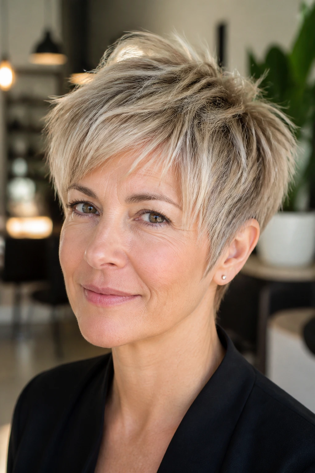 Close-up of a real woman with razor-cut piecey pixie showing feathered layers in natural light.