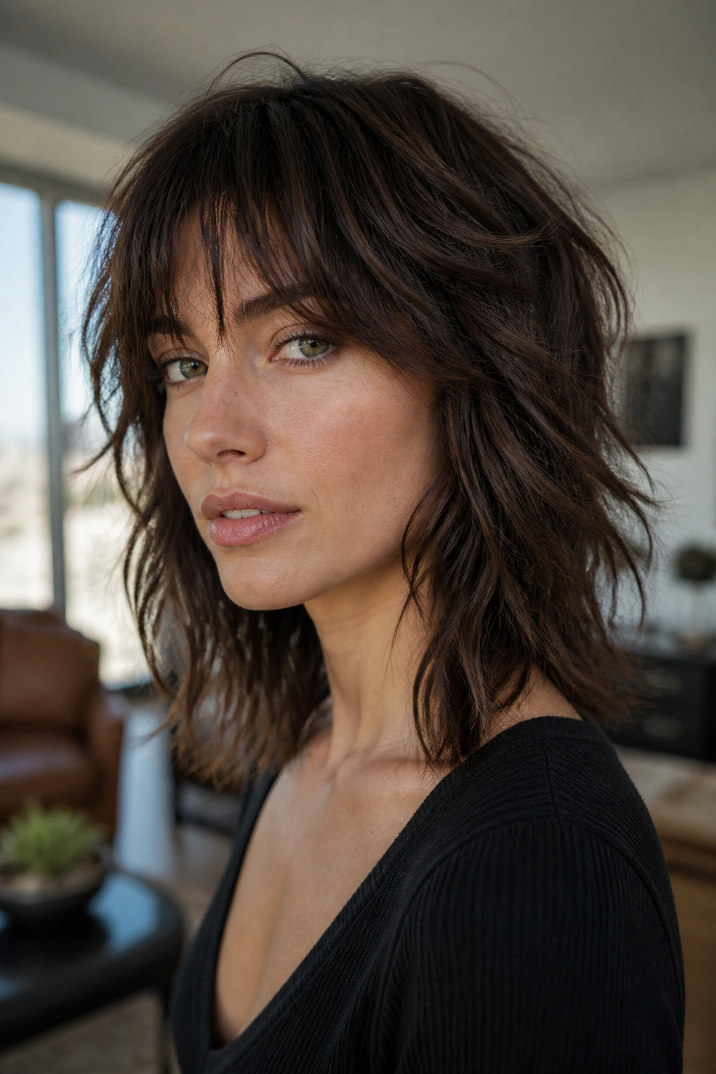 Real woman with razor-cut medium shag showing textured ends