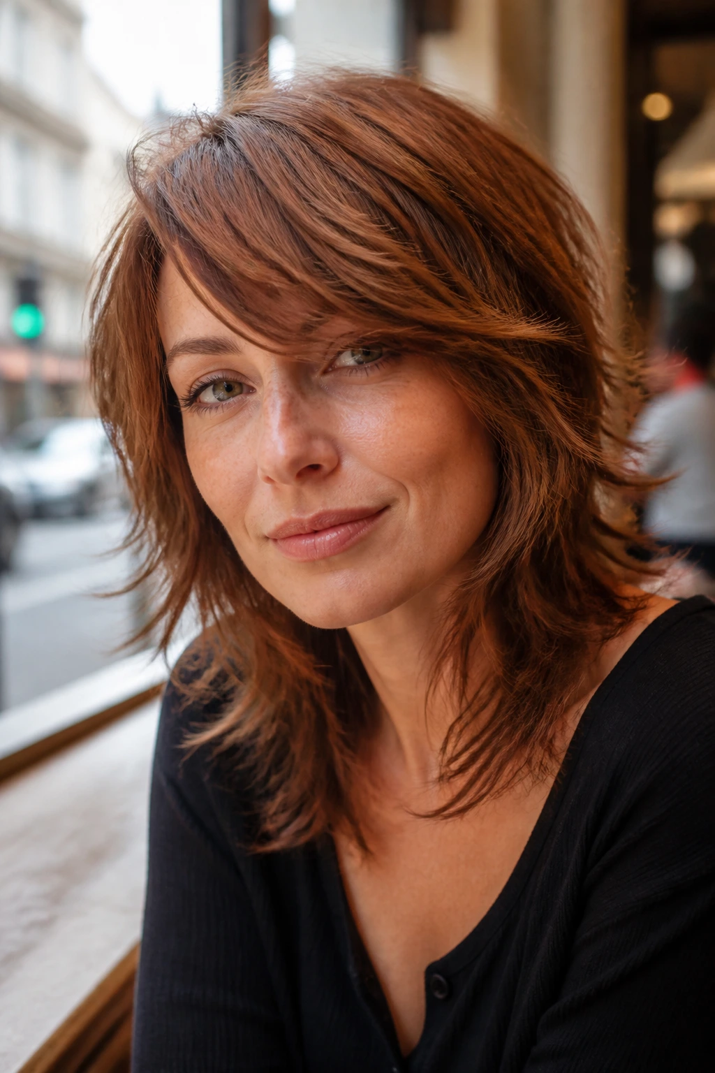 Close-up portrait of a real woman with a soft razor-cut shag and side-swept fringe in auburn tones