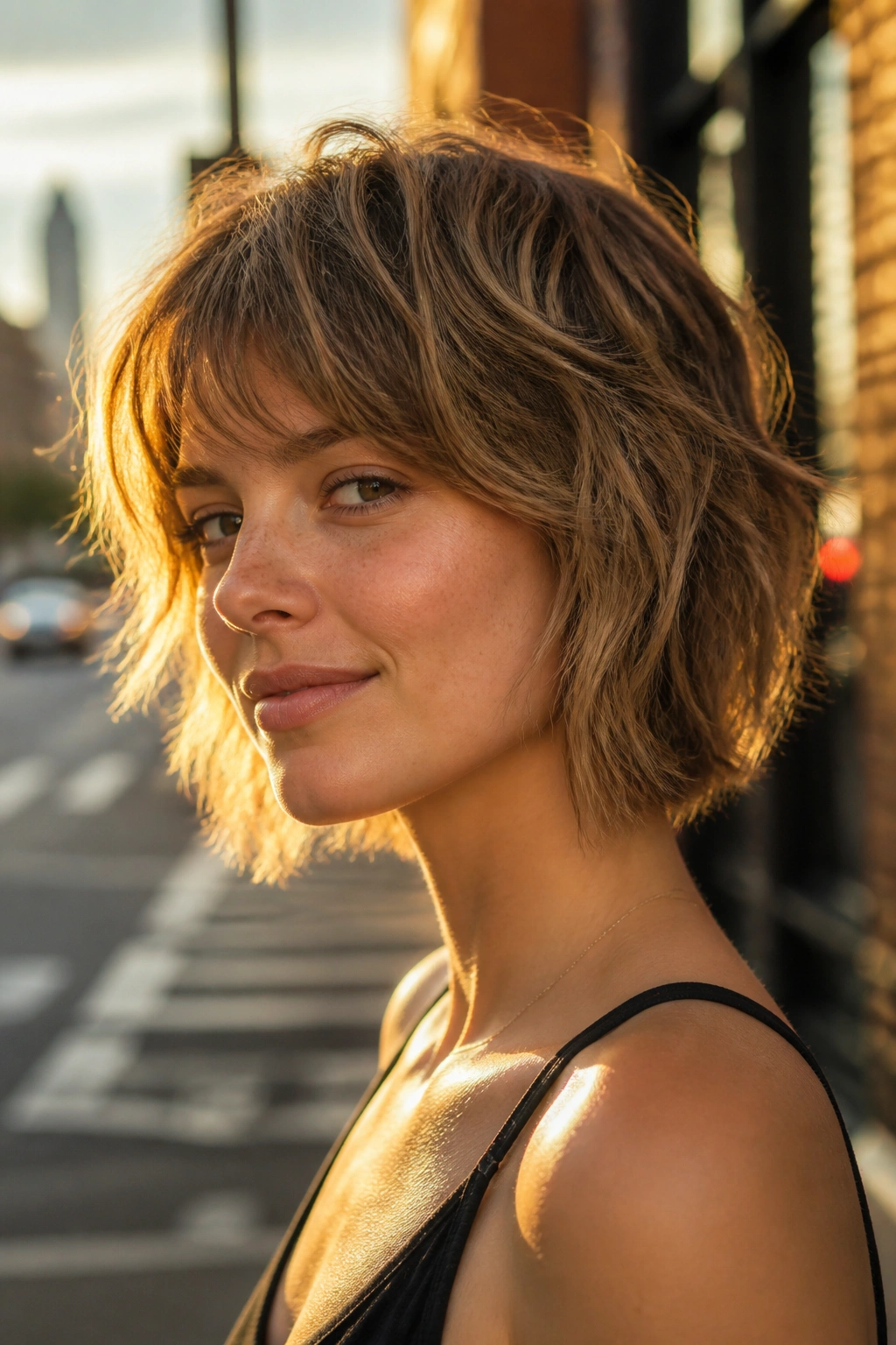 Real person with razor-cut shag bob on a sunlit city street