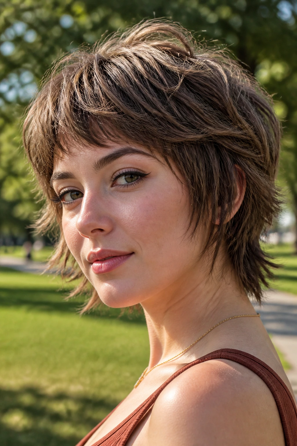 Close-up of a woman with a razor-cut shag crop in a sunny outdoor setting