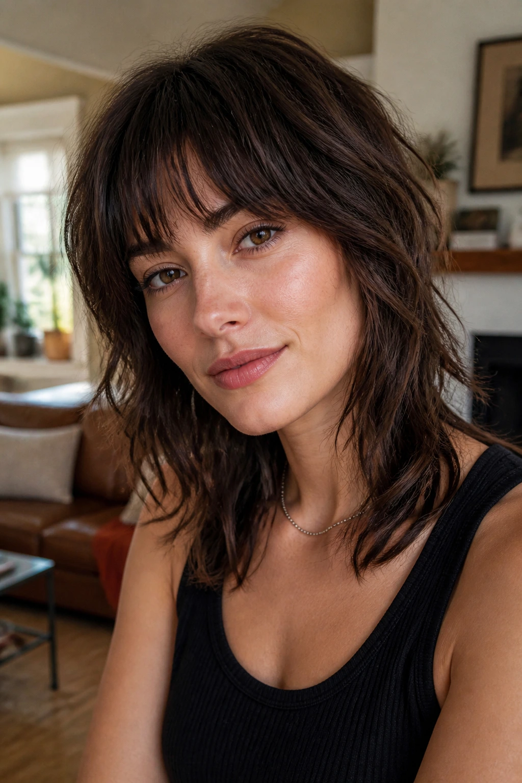 Close-up of a real woman with a textured razor-cut shag.