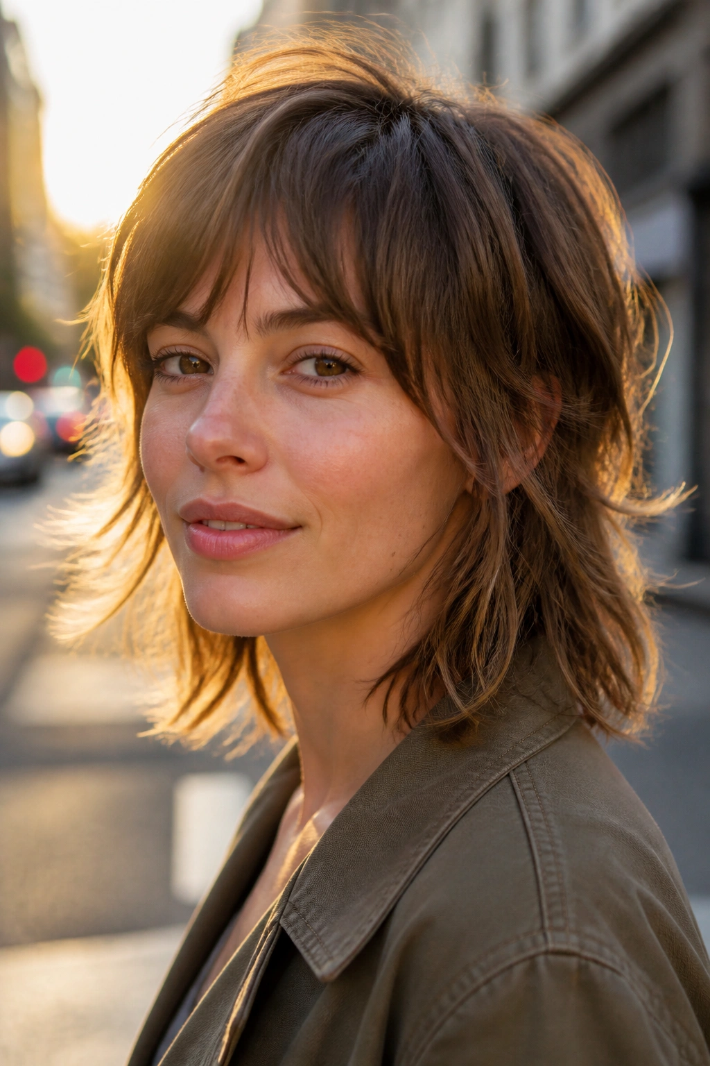 Close-up portrait of a real woman with razor-cut shag and piecey ends in golden hour light