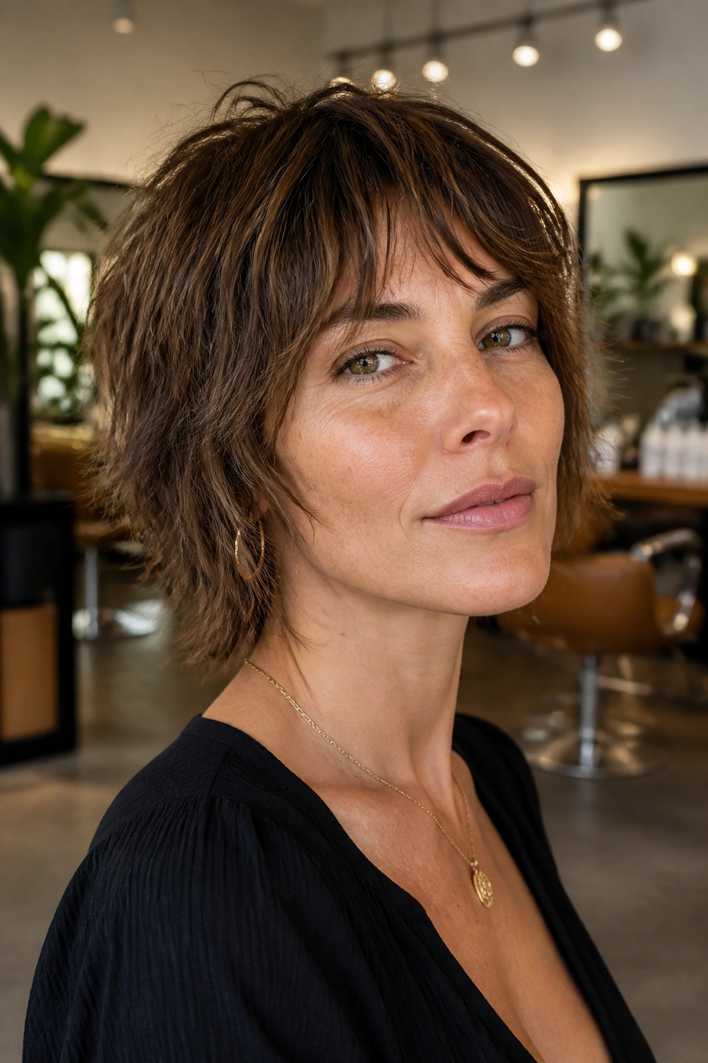 Close-up of a real woman with a razor-cut shag showing soft edges and textured movement.