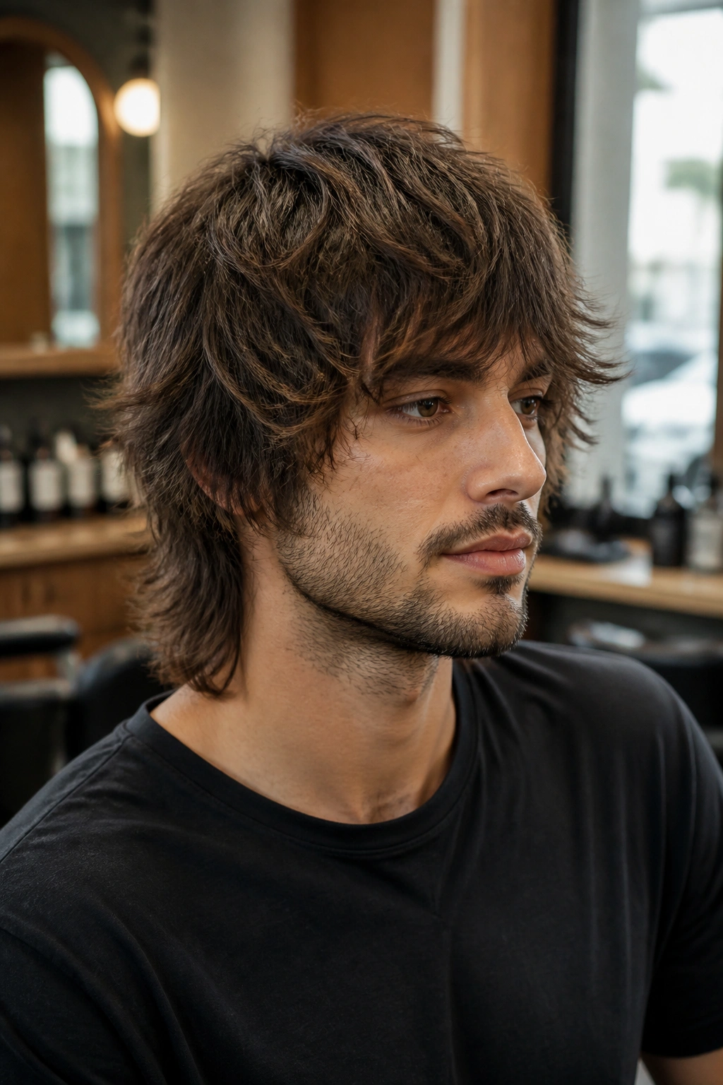 Close-up portrait of a man with razor-cut shag hairstyle and feathered ends in barbershop lighting